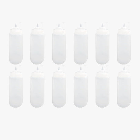 Set of 12 plastic squeeze bottles with caps, perfect for ketchup, mustard, and sauces. Each bottle holds 150 ML for easy dispensing - Singhal Mart