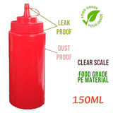 Set of 4 plastic squeeze bottles with caps, perfect for ketchup, mustard, and sauces. Each 150 ML bottle ensures easy dispensing and organized storage - Singhal Mart