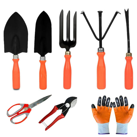 Singhal 8-Piece Gardening Tool Kit: Cultivator, Fork, Trowels, Weeder, Gloves, Pruner, Scissors – Essential Set for Home Gardens - Singhal Mart