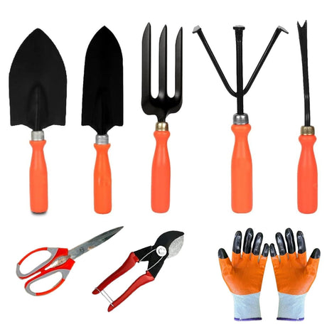 Singhal 8-Piece Gardening Tool Kit: Cultivator, Fork, Trowels, Weeder, Gloves, Pruner, Scissors – Essential Set for Home Gardens - Singhal Mart