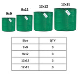 Singhal HDPE UV-Protected Round Plant Grow Bags Combo - 9x9, 9x12, 12x12, 12x15 Inch (Pack of 12 Bags, 3 Bags Each Size) for Terrace and Vegetable Gardening - Singhal Mart