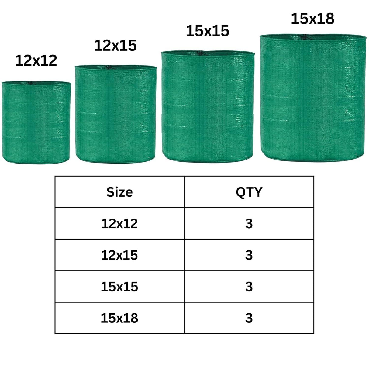 Singhal HDPE UV-Resistant Round Plant Grow Bags Combo - 12x12, 12x15, 15x15, 15x18 Inch (Set of 12 Bags, 3 Bags Each Size) for Terrace and Vegetable Gardening - Singhal Mart