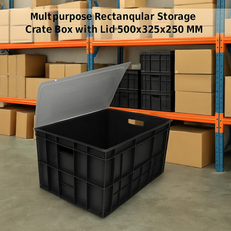 Singhal Black Plastic Crate with lid - Multipurpose Storage Basket Bin with lid (500x325x250 MM) - Made from Recyclable Plastic