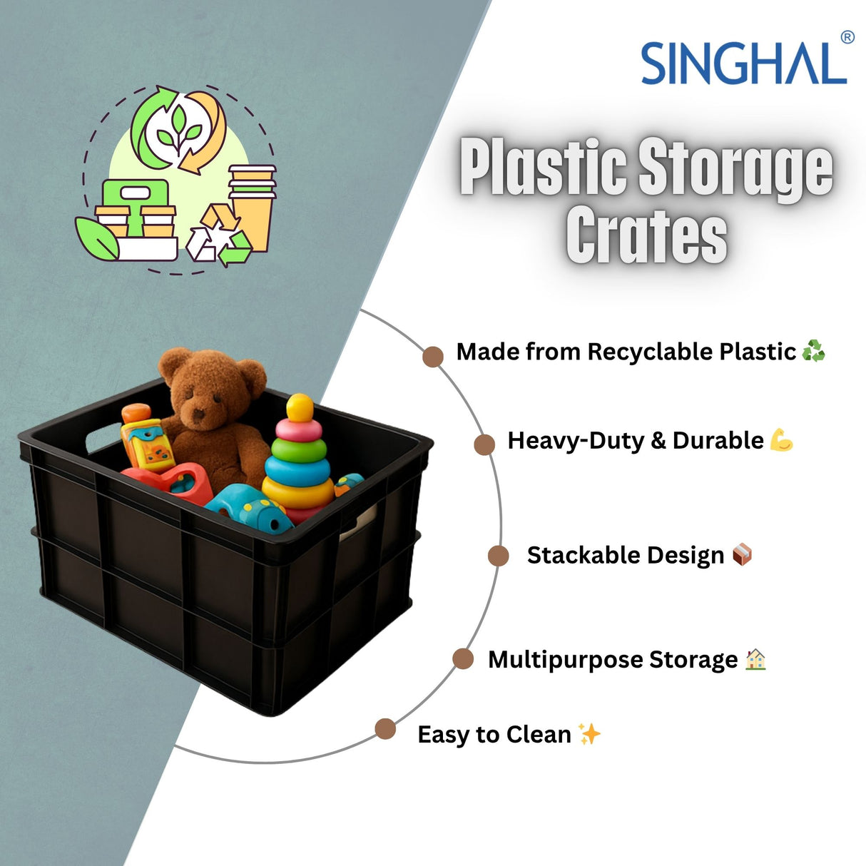 Singhal Black Plastic Crate - Multipurpose Storage Basket Bin (500x325x250 MM) - Made from Recyclable Plastic